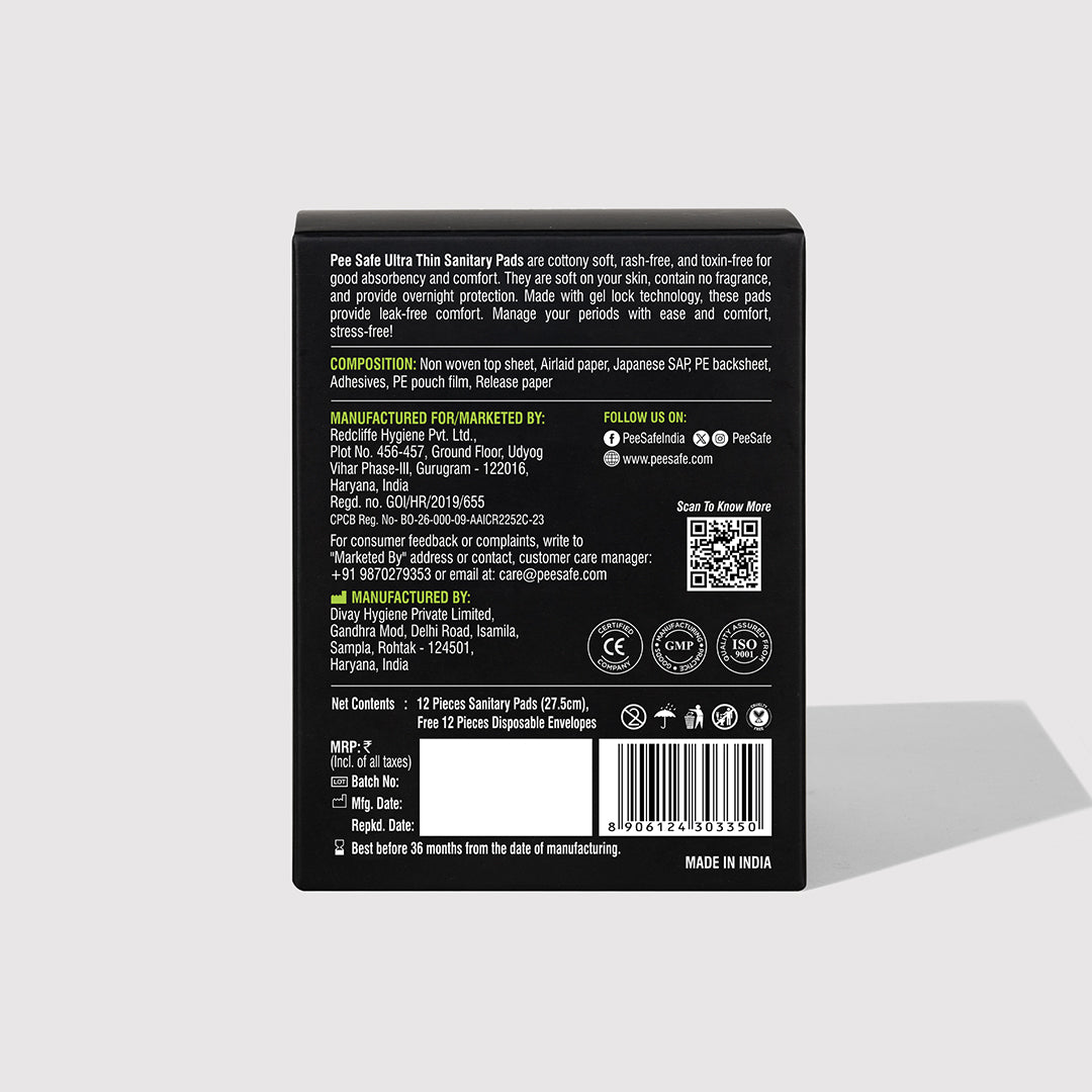 Pee Safe Ultra Thin Sanitary Pads - XL (12 Pads) - BYOC