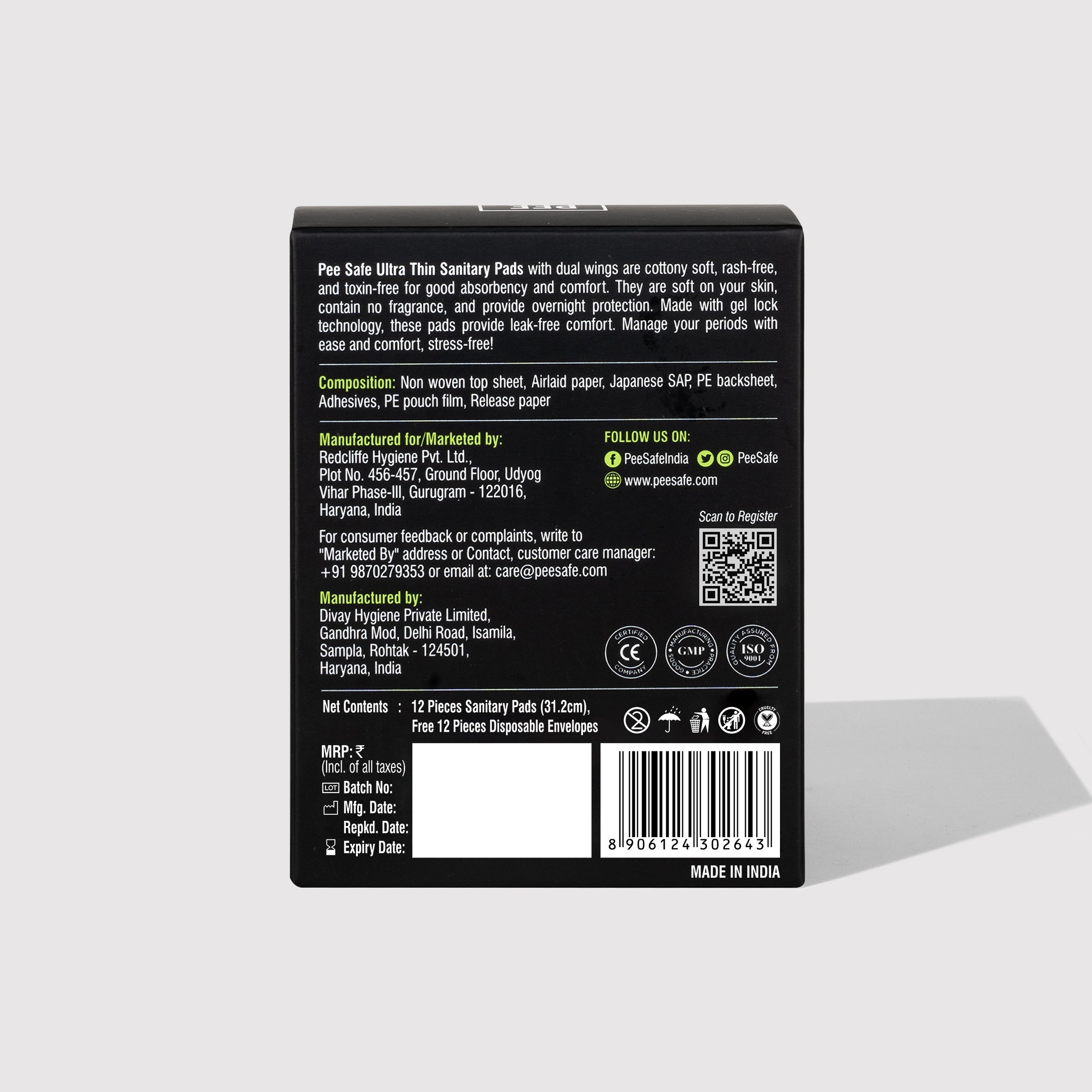 Pee Safe Ultra Thin Sanitary Pads - XXL (12 Pads) - BYOC