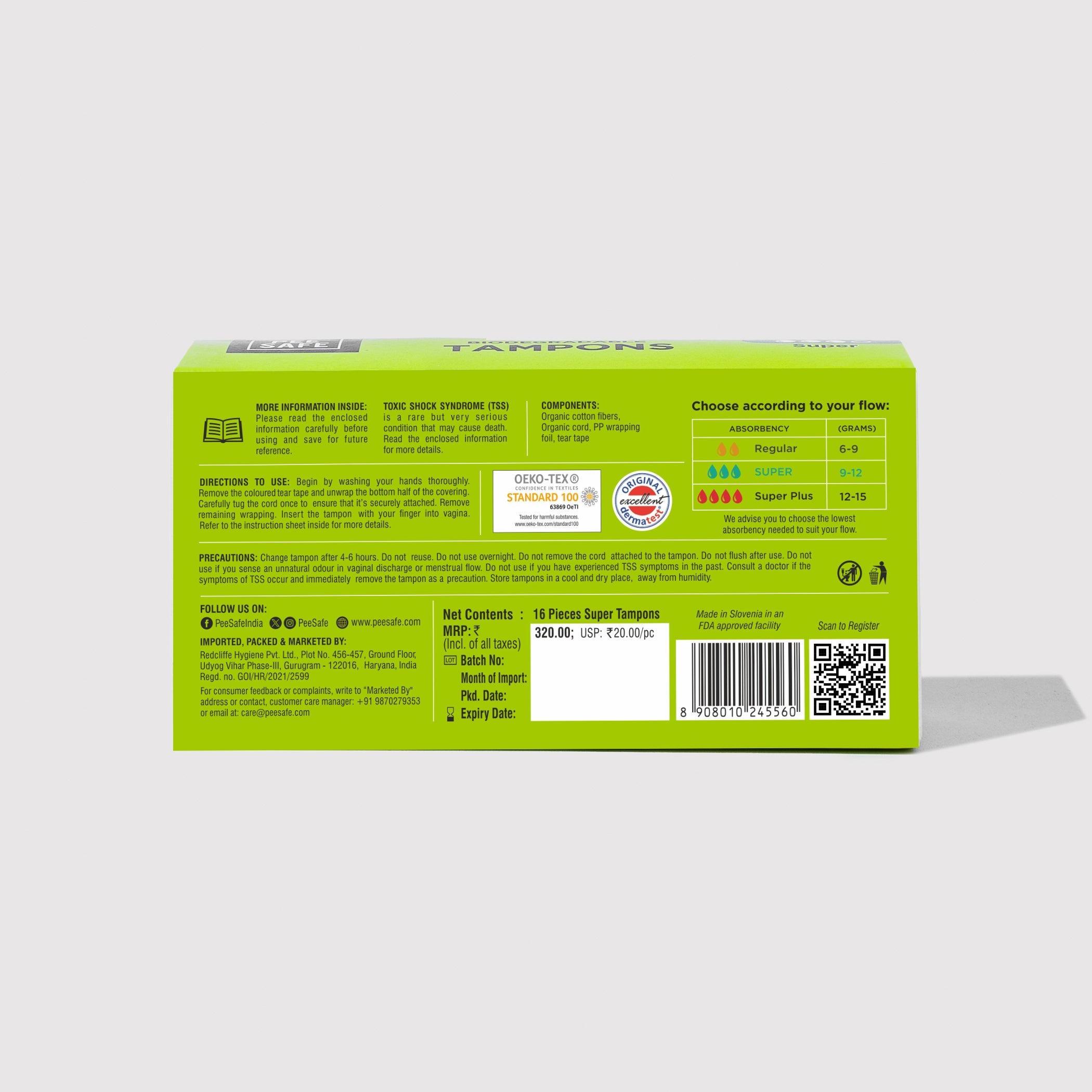 Pee Safe Biodegradable Tampons- Super (16 Tampons) - BYOC